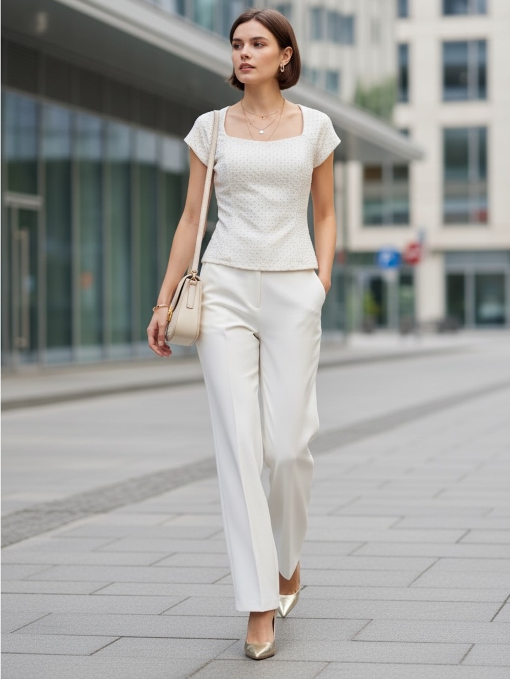 Elestory Small Light Cream Eyelet Square-Neck Blouse